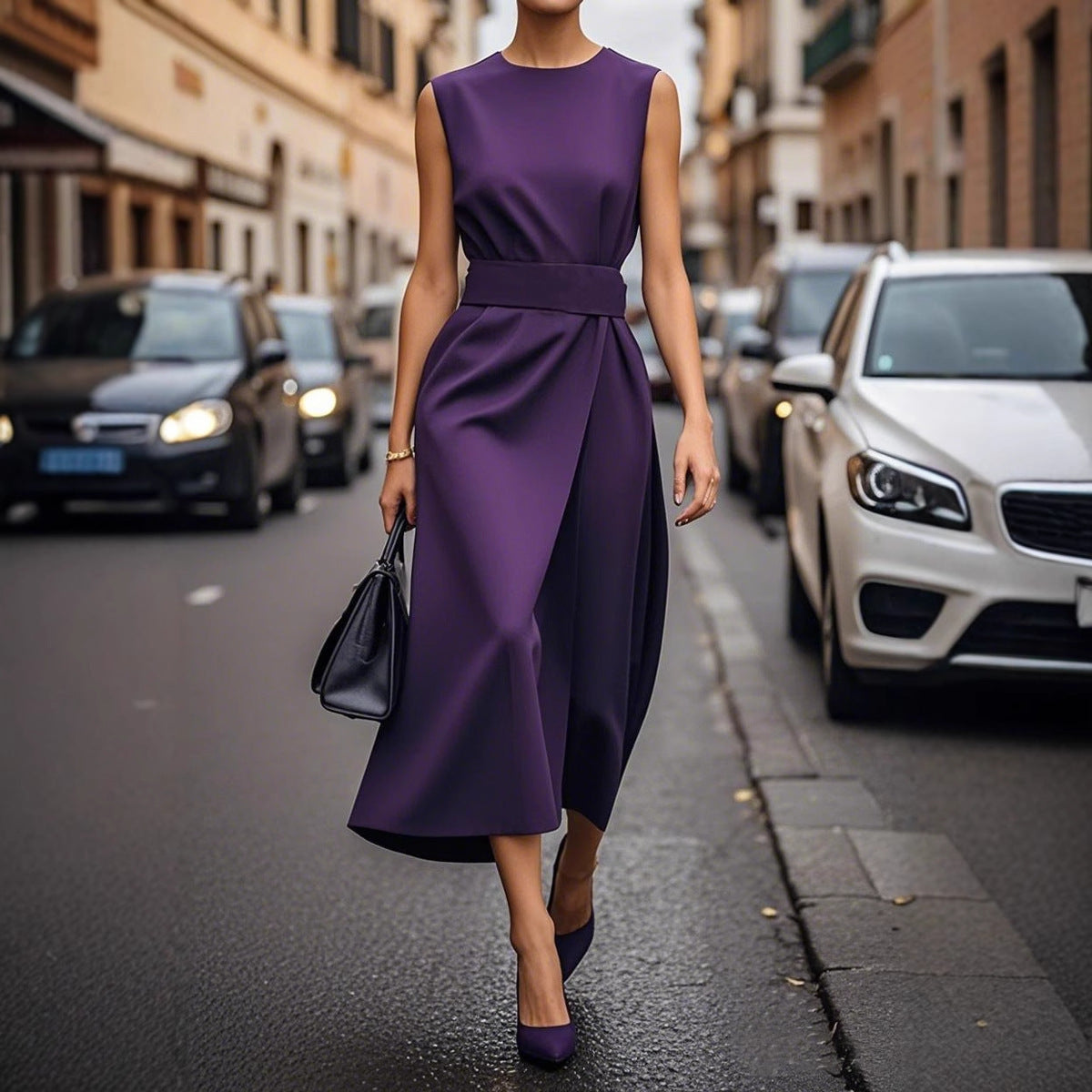 Elena - Sukienka damska bez rękawów elegancka z paskiem