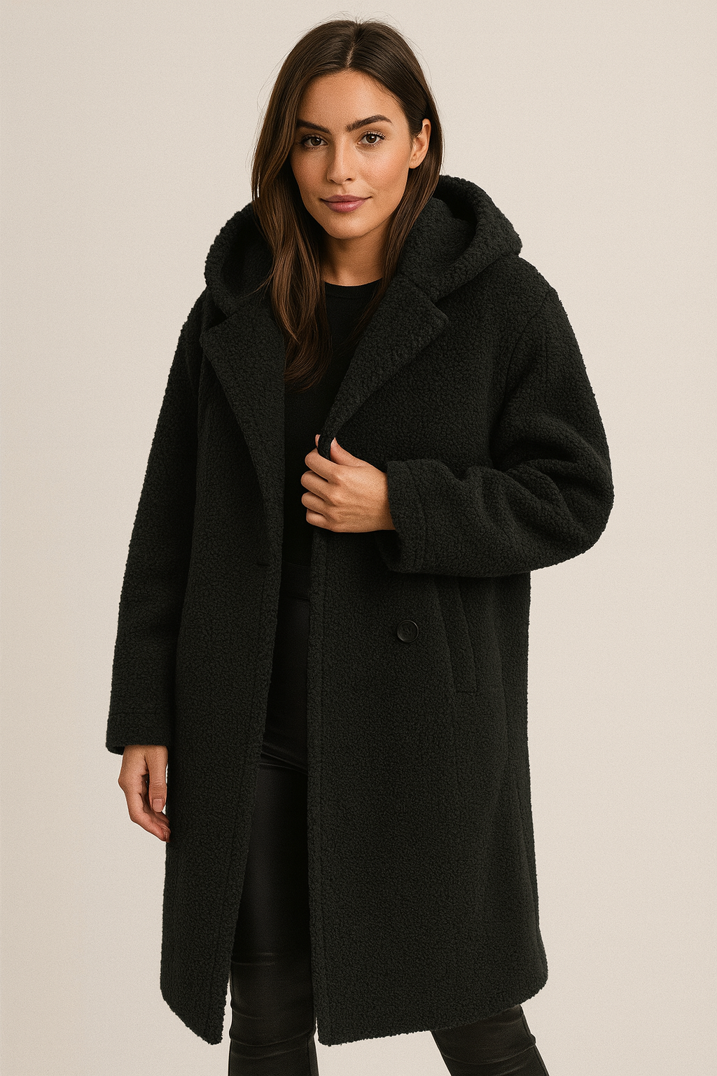 Alba – Zimowy Płaszcz z Miękką Strukturą Teddy i Kapturem