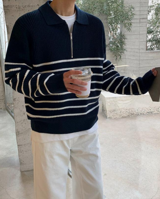 Nicolás – Sweter Męski w Paski z Zamkiem i Kołnierzem