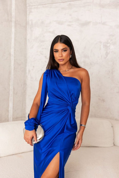 Elena - Damska Sukienka Wieczorowa Jednoramienna Maxi z Rozcięciem