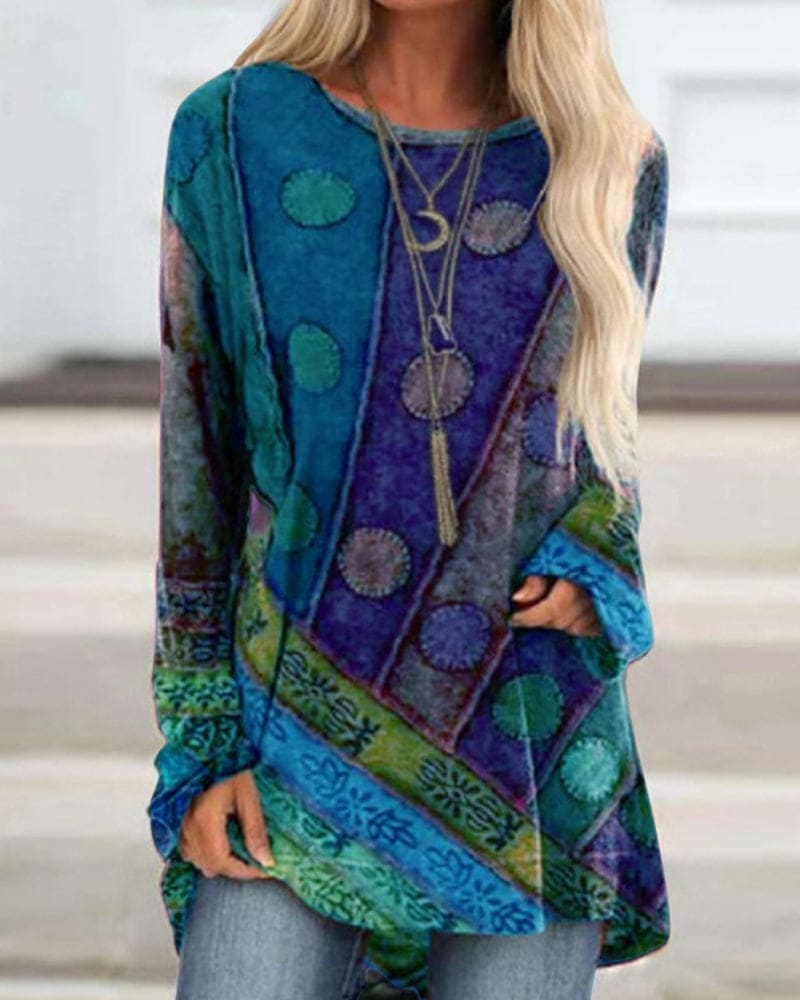 Naya - Tunika damska oversize we wzory boho z długim rękawem