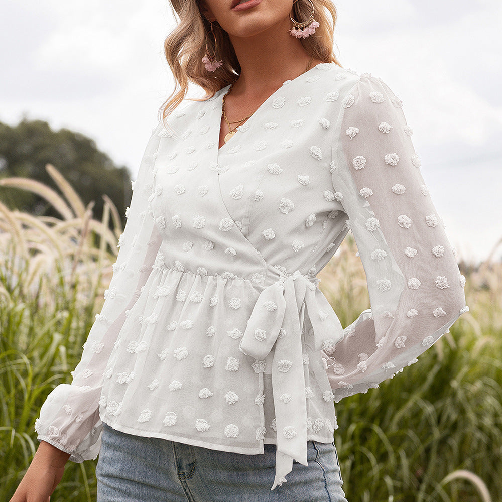 Women's Wrap Blouse with Puff Sleeves and Tie Detail - Image 5