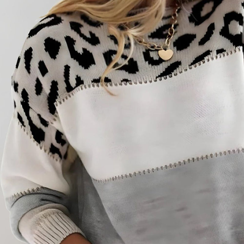 Chloe – Dzianinowy sweter z panelowym wzorem i subtelnym animal print dla kobiet
