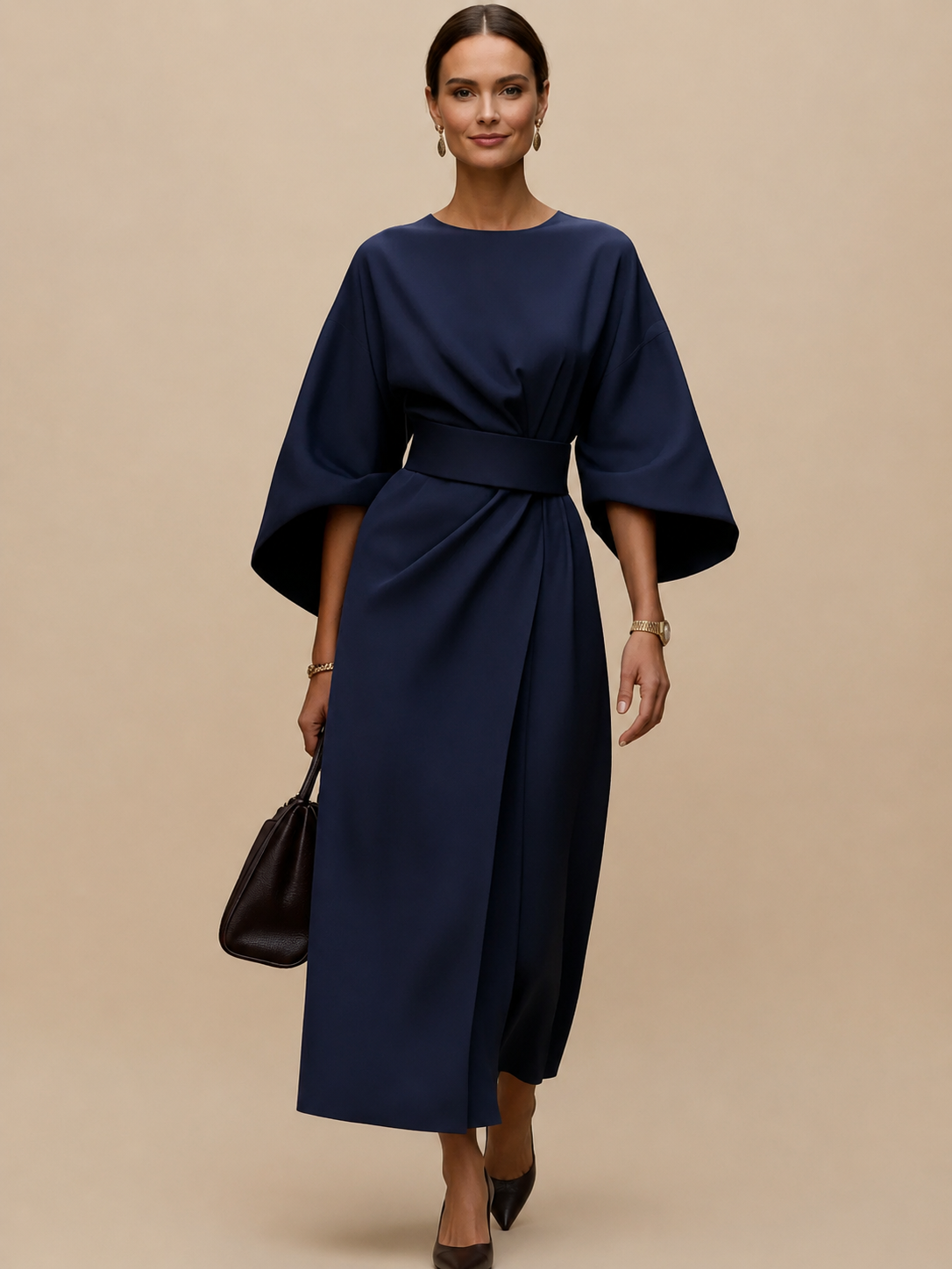 Sophie – Elegancka Sukienka Damska z paskiem i rękawami typu lantern
