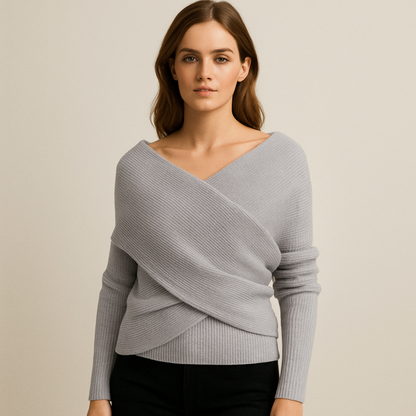 Elena – Sweter o Dzianinowym Wyglądzie z Kopertowym Przodem