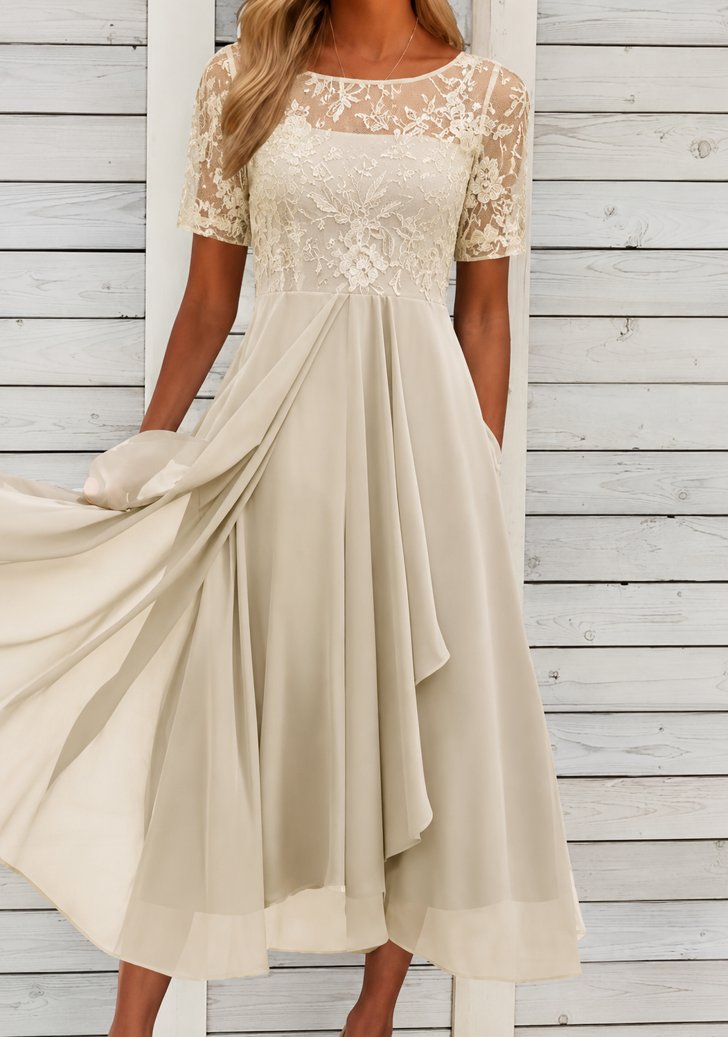 Sophie – Damska elegancka sukienka midi z koronkową górą