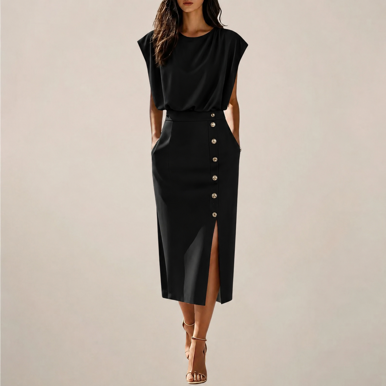 Emilia – Elegancka Sukienka Midi z guzikami i rozcięciem z boku