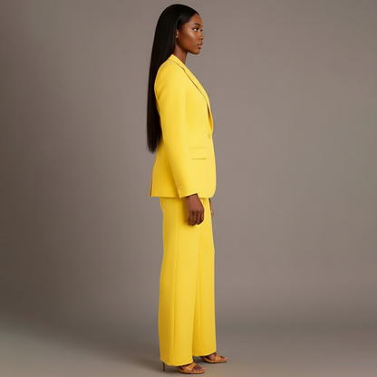 Sophia – Elegancki damski garnitur z taliowaną marynarką i szerokimi spodniami