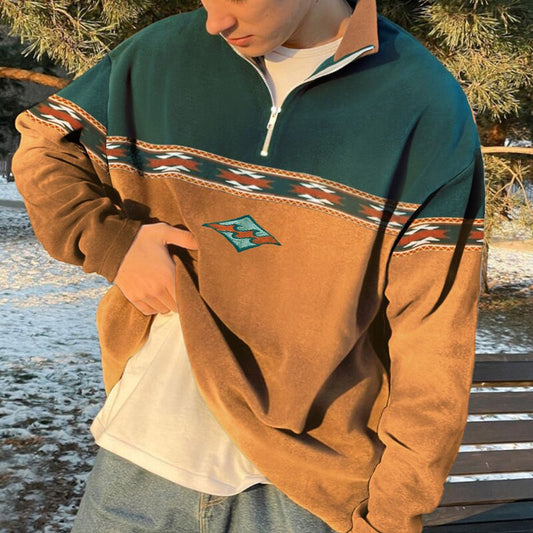 Dylan - Bluza męska polarowa brązowo-zielona z zamkiem