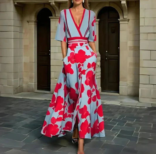Czerwona Sukienka Maxi w Kwiaty z Kieszeniami – Elegancka Sukienka na Lato z Dekoltem V