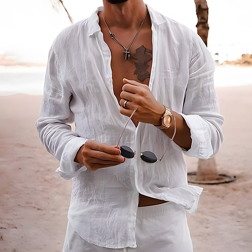 Liam – Cotton Linen Lapel Long Sleeve Shirt - Image 3