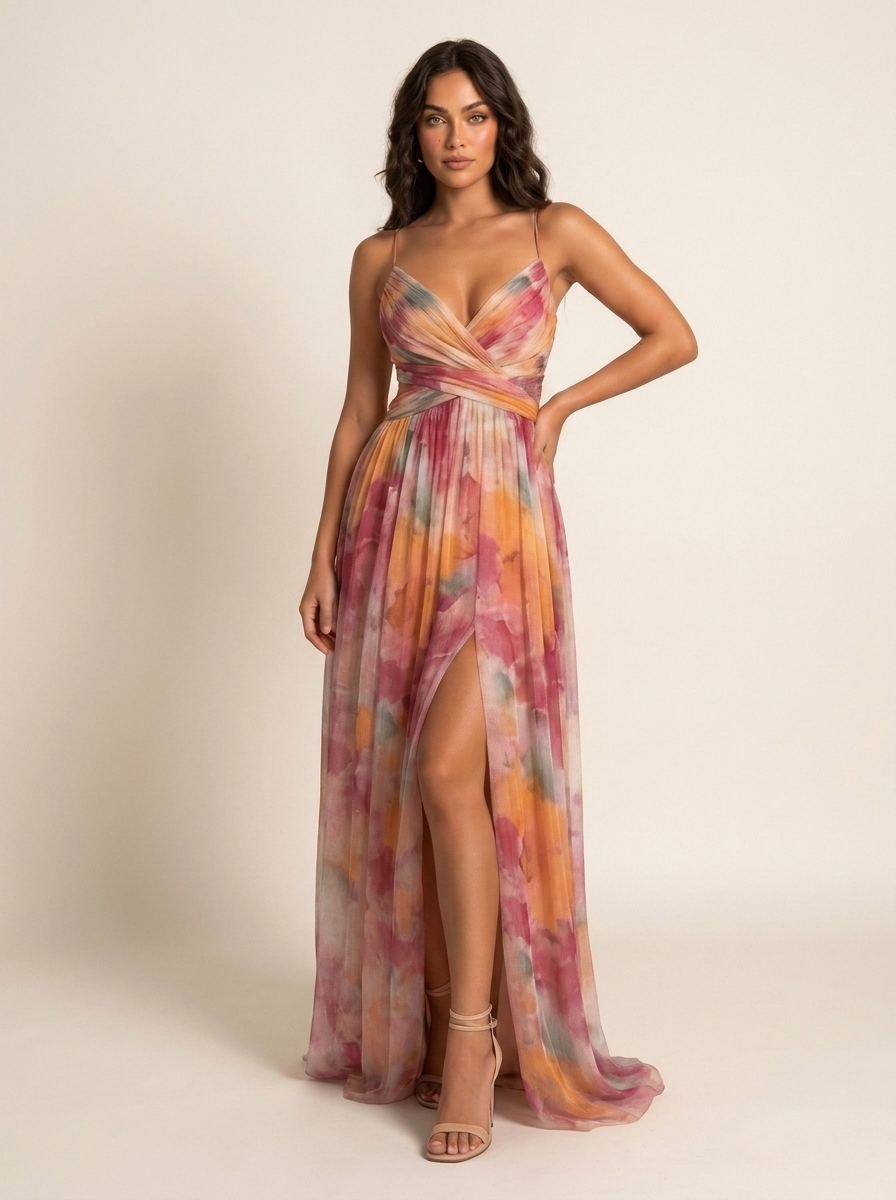 Maxi Dress Women's Watercolor Print with High Slit - Image 1