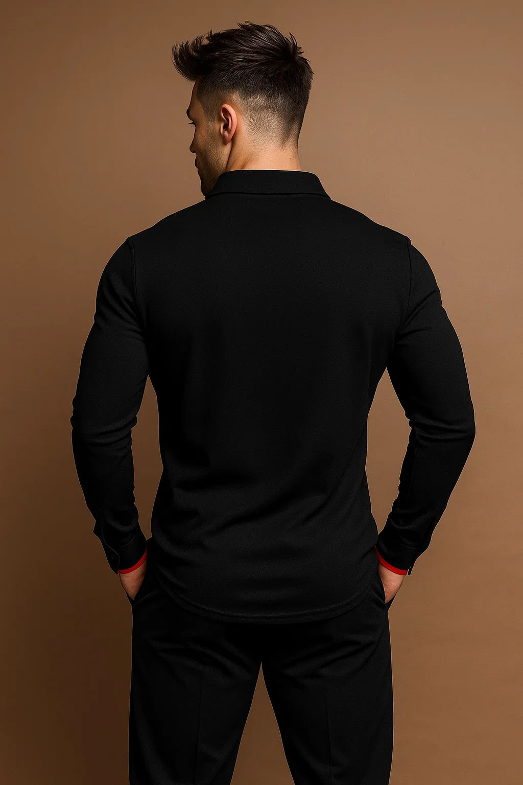 Elegancka męska koszulka polo z długim rękawem i kontrastowym kołnierzykiem - J&B - 6 - Nowa-aura