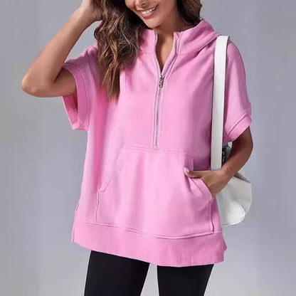 Aura – Damska bluza oversize z krótkim rękawem i kapturem