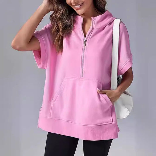 Aura – Damska bluza oversize z krótkim rękawem i kapturem