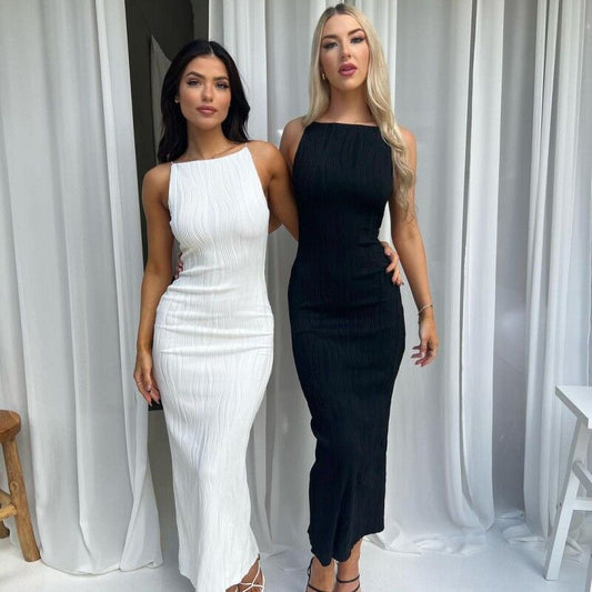 Mara - Sukienka damska czarna elegancka maxi bez rękawów z dopasowanym krojem