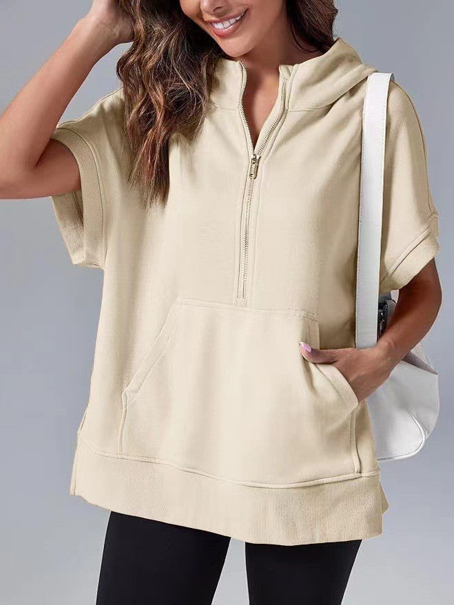 Aura – Damska bluza oversize z krótkim rękawem i kapturem