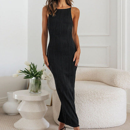 Mara - Sukienka damska czarna elegancka maxi bez rękawów z dopasowanym krojem