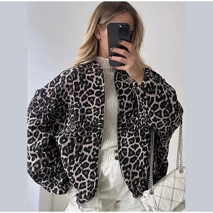 Leona - Kurtka damska oversize z nadrukiem w panterkę i kieszeniami