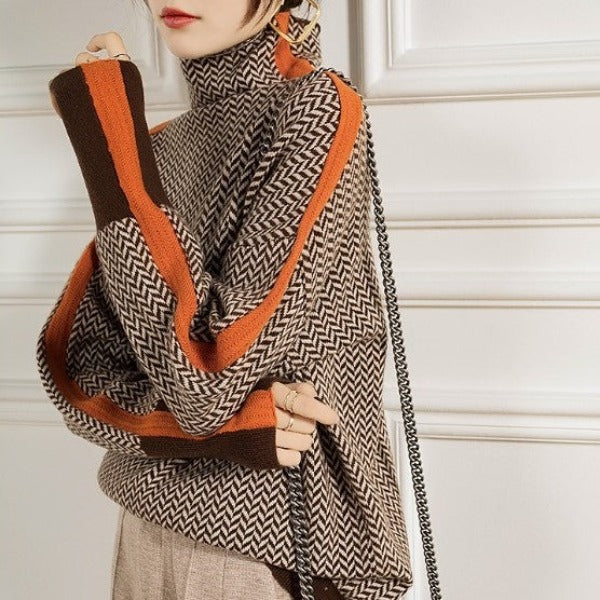 Zuzanna – Dzianinowy golf z geometrycznym wzorem i kontrastowymi akcentami dla kobiet