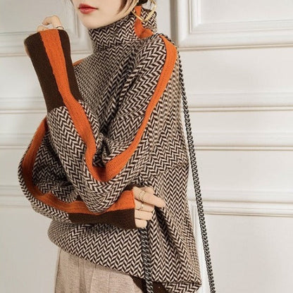 Zuzanna – Dzianinowy golf z geometrycznym wzorem i kontrastowymi akcentami dla kobiet