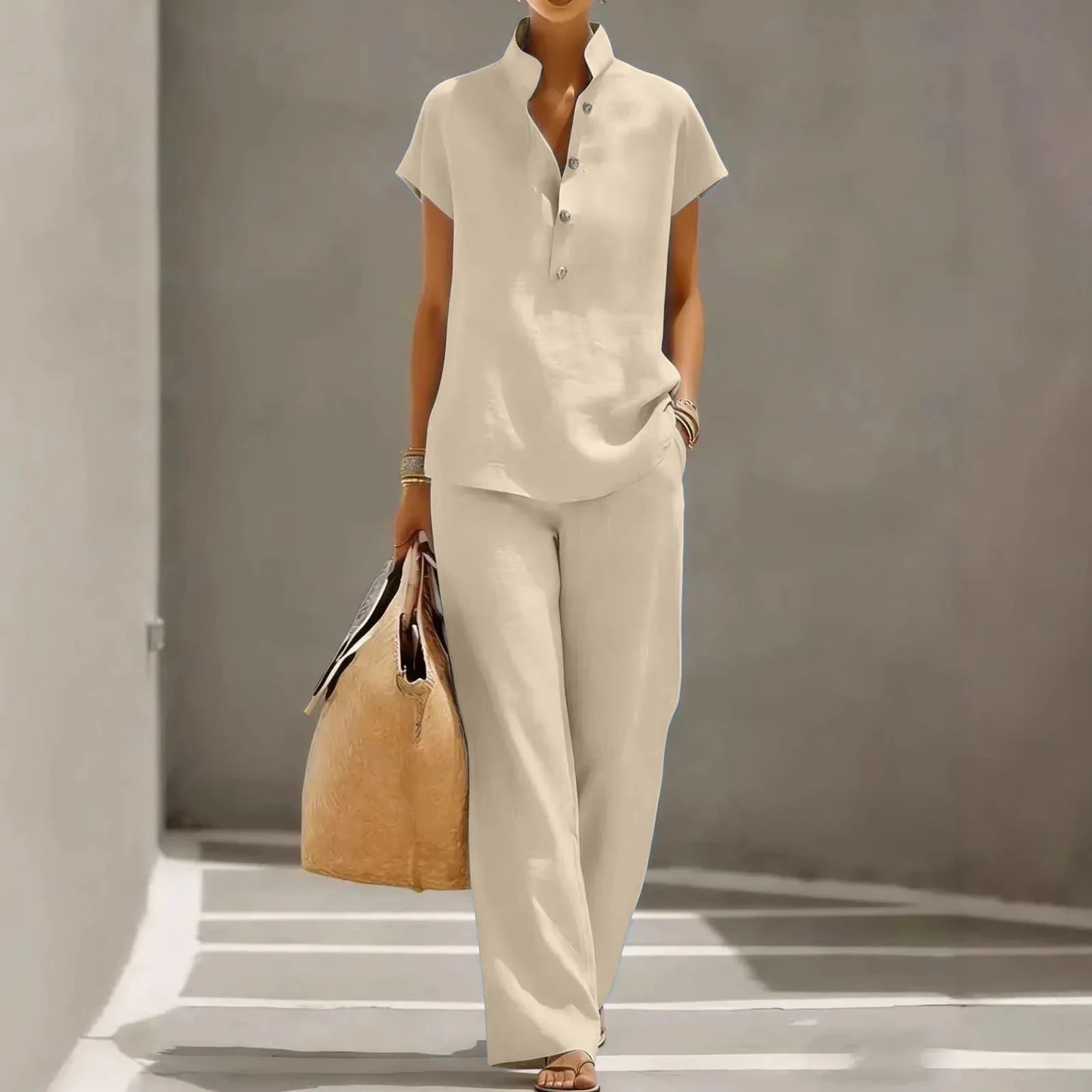 Shirt and Pants Set Women's Soft Look with Button Details - Image 5