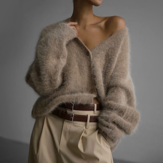 Ariana - Kardigan damski szary oversize z puszystej dzianiny