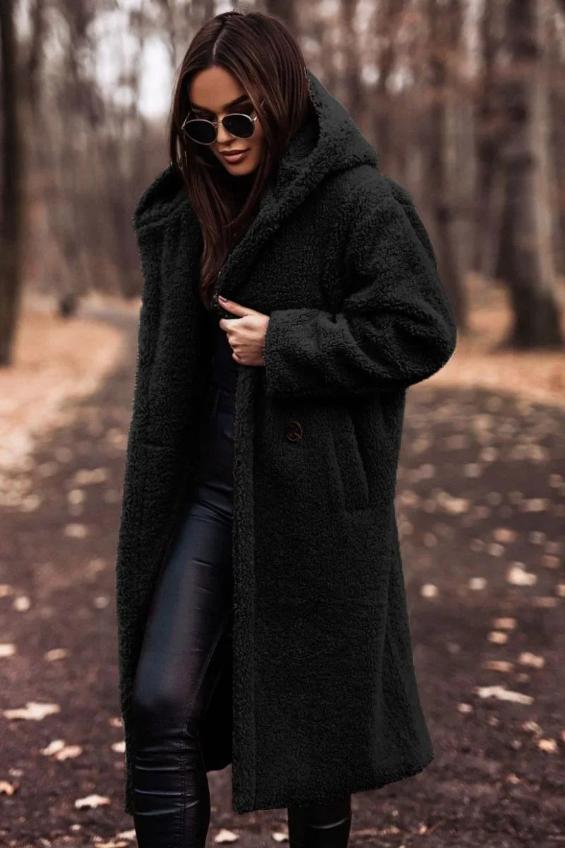 Różowylinda | Damen Langer Wollmantel mit Kapuze für den Winter
