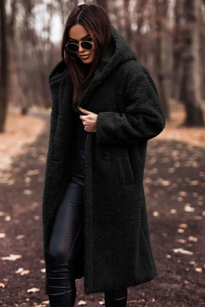 Różowylinda | Damen Langer Wollmantel mit Kapuze für den Winter