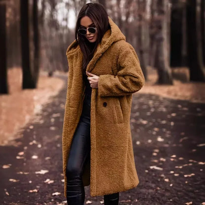 Różowylinda | Damen Langer Wollmantel mit Kapuze für den Winter