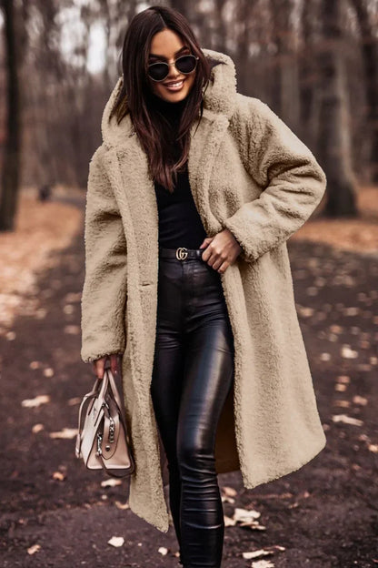 Różowylinda | Damen Langer Wollmantel mit Kapuze für den Winter