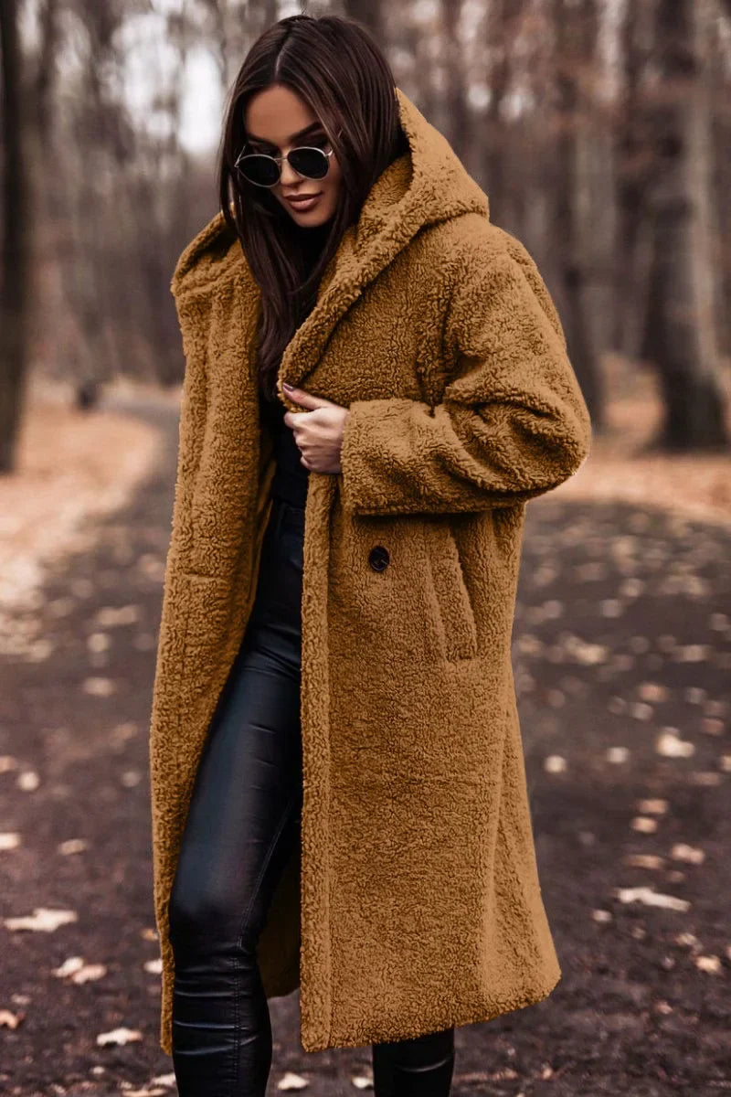 Różowylinda | Damen Langer Wollmantel mit Kapuze für den Winter