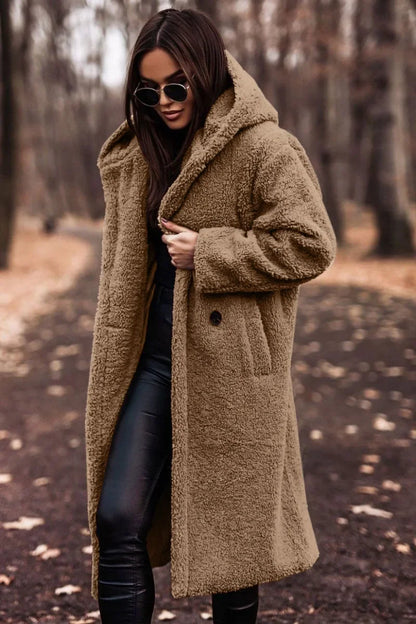 Różowylinda | Damen Langer Wollmantel mit Kapuze für den Winter