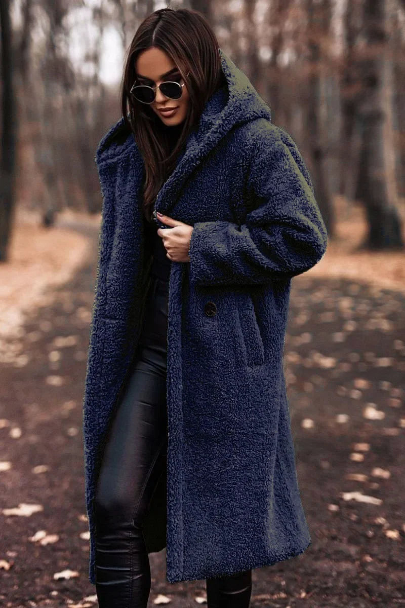 Różowylinda | Damen Langer Wollmantel mit Kapuze für den Winter