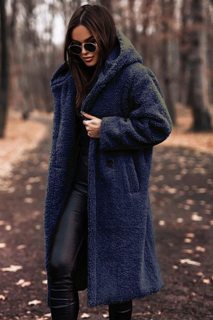Różowylinda | Damen Langer Wollmantel mit Kapuze für den Winter