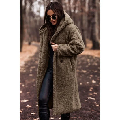 Różowylinda | Damen Langer Wollmantel mit Kapuze für den Winter