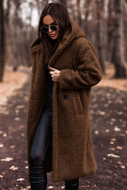 Różowylinda | Damen Langer Wollmantel mit Kapuze für den Winter