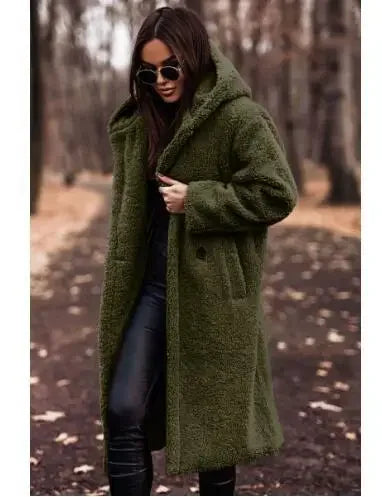 Różowylinda | Damen Langer Wollmantel mit Kapuze für den Winter