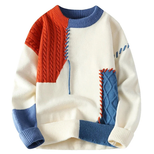 Adrian – Patchworkowy sweter z grubym splotem dla mężczyzn