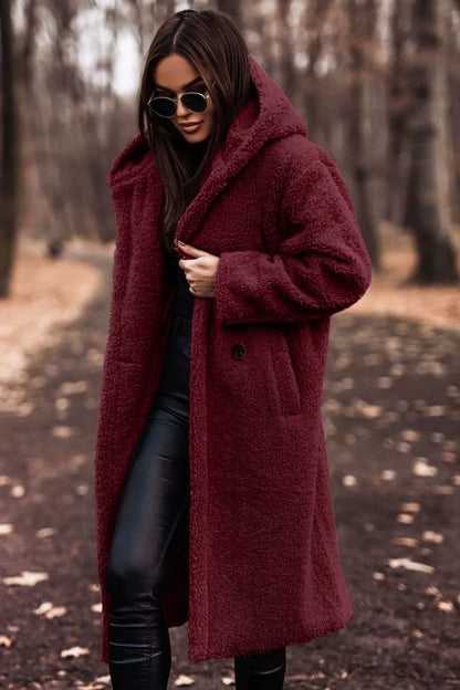 Różowylinda | Damen Langer Wollmantel mit Kapuze für den Winter
