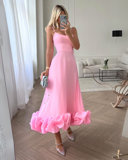 Sophie - Damska Sukienka Midi z Cienkimi Ramiączkami i Falbaną