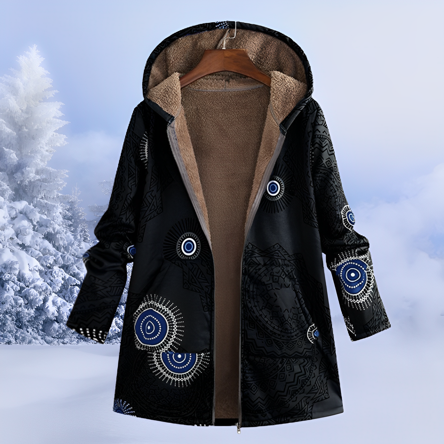 Aria – Ciepła zimowa kurtka z miękkim futerkowym wnętrzem i etnicznym wzorem dla kobiet