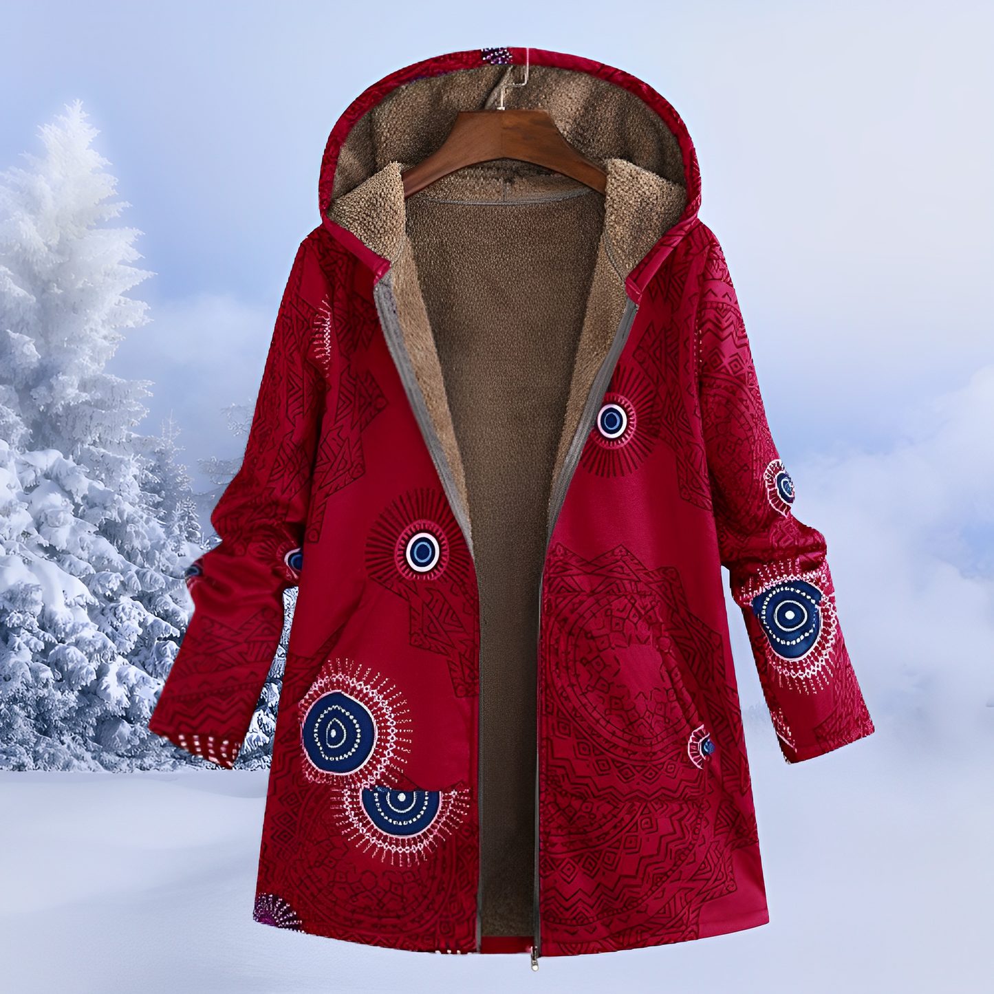 Aria – Ciepła zimowa kurtka z miękkim futerkowym wnętrzem i etnicznym wzorem dla kobiet