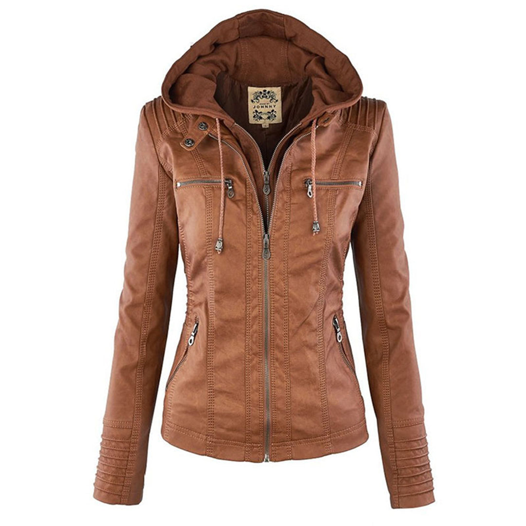Rückansicht einer schwarz lederjacke mit kapuze