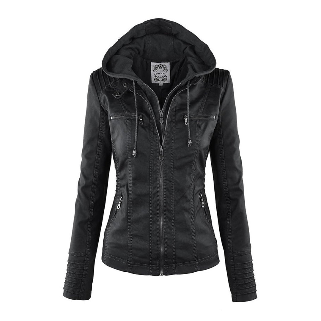 Innenansicht einer schwarz lederjacke mit zwei reißverschlüssen