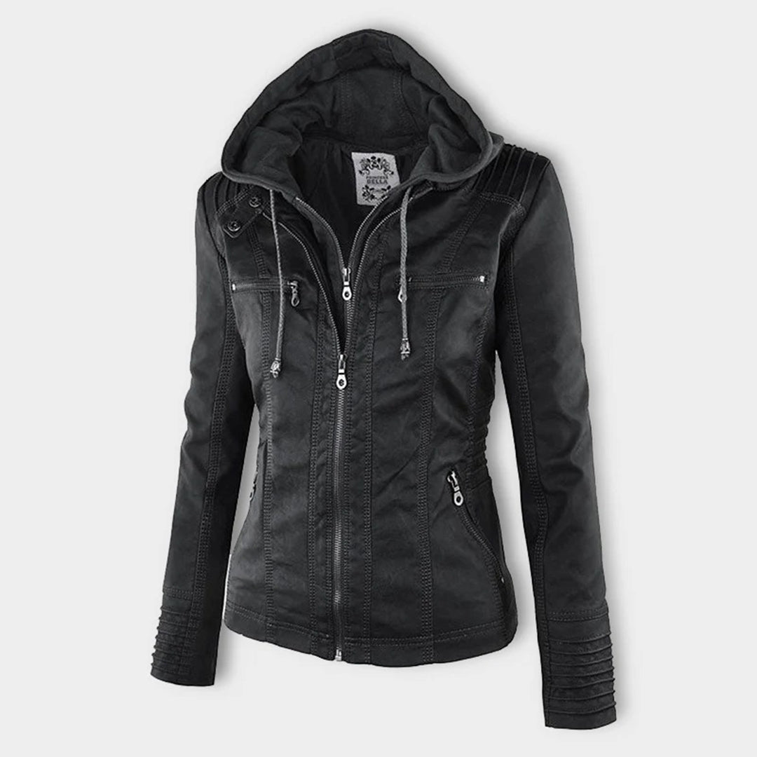 Seitenansicht einer braun lederjacke mit kapuze
