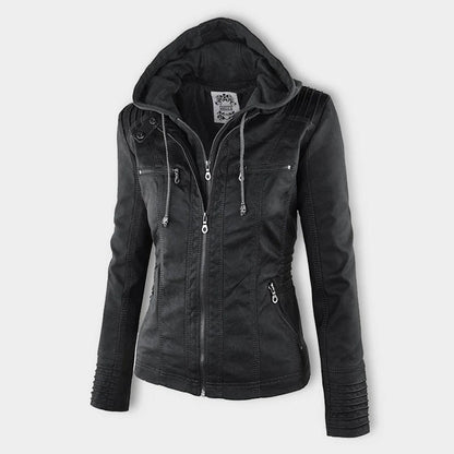Seitenansicht einer braun lederjacke mit kapuze