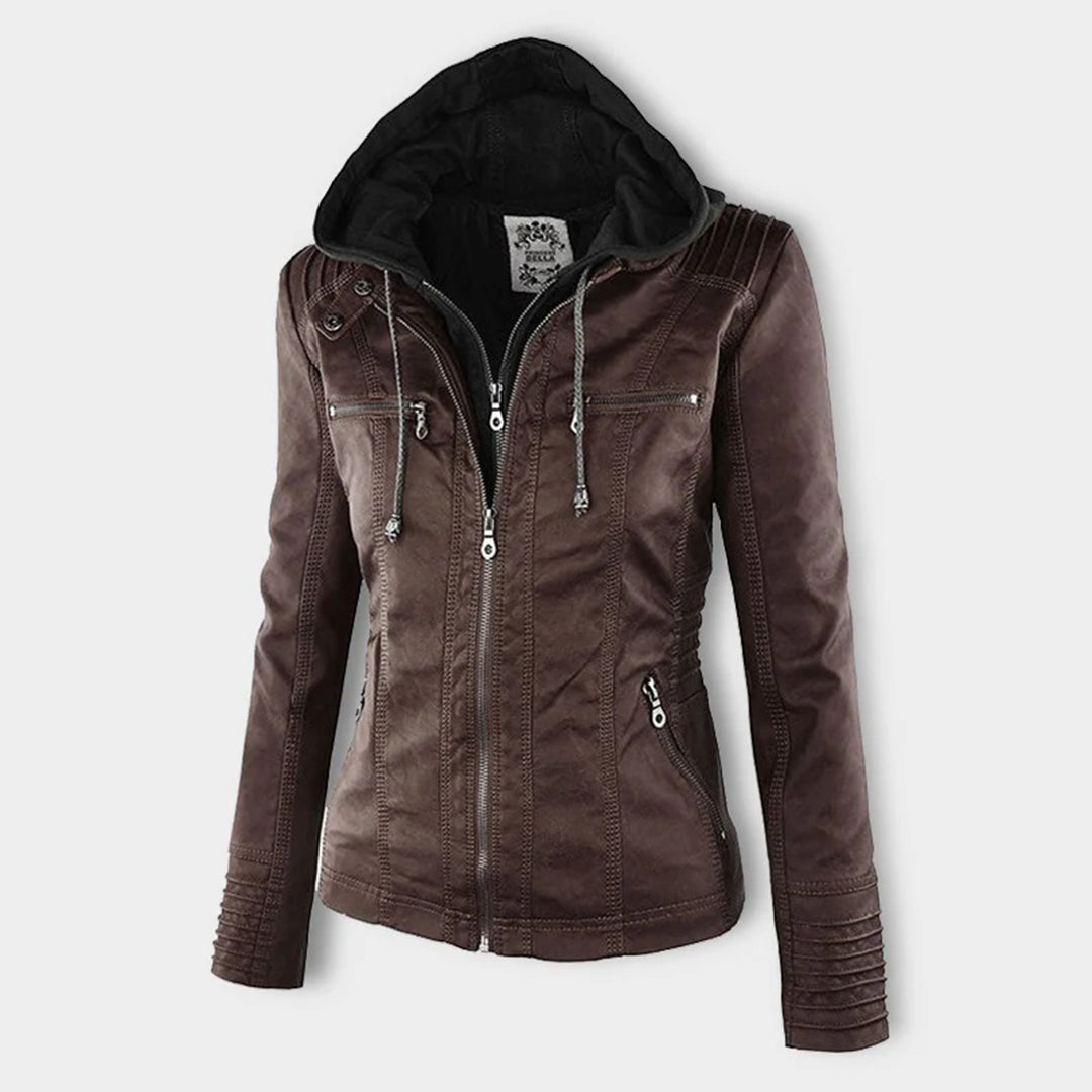 Schwarz lederjacke mit hervorgehobenem reißverschlusstaschen auf der brust