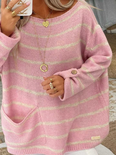 Elora – Damski oversize sweter w paski z kieszonką