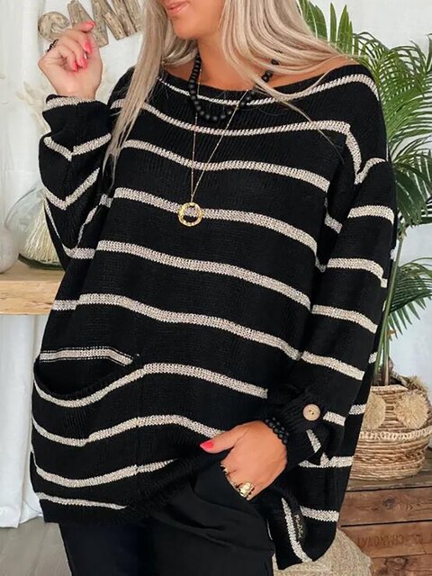 Elora – Damski oversize sweter w paski z kieszonką